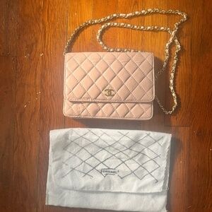 Quilted Light Pink CHANEL Purse with Chain